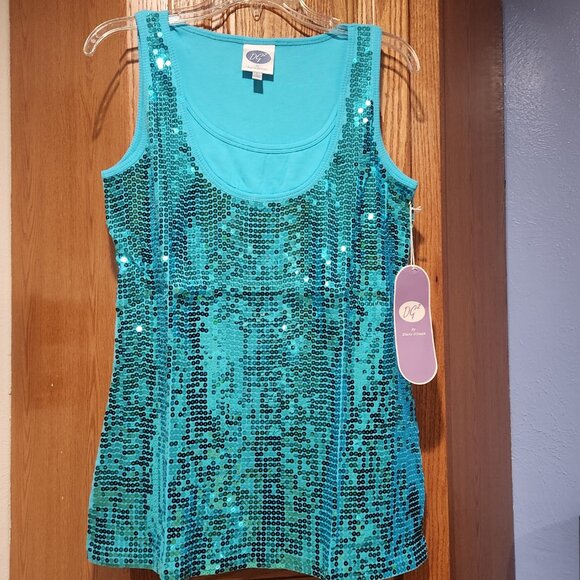 DG2 by Diane Gilman Tops - DG2 by Diane Gilman Women's Turquoise Sequin Sleeveless Top Cotton NWT Size L